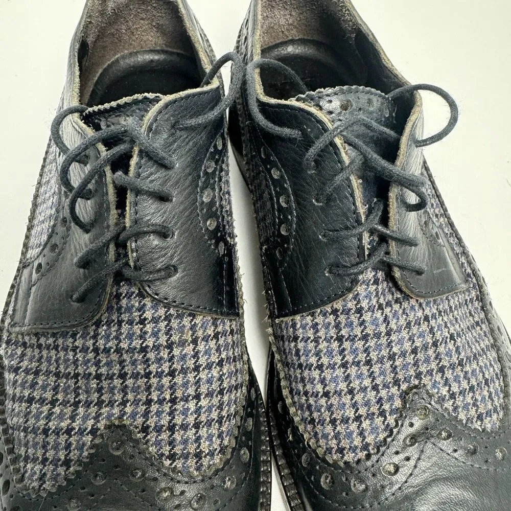 Paul Frederick Art Check Wing Tip Blue Leather Shoes 8M #FFK115D‎